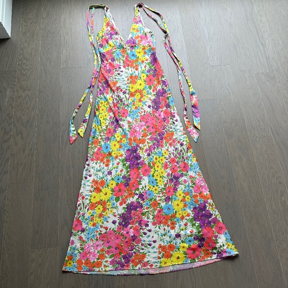 Les Reveries Floral Flower Satin Maxi Dress Gown Tie Shoulder Bow - Size 2 - Picture 2 of 13
